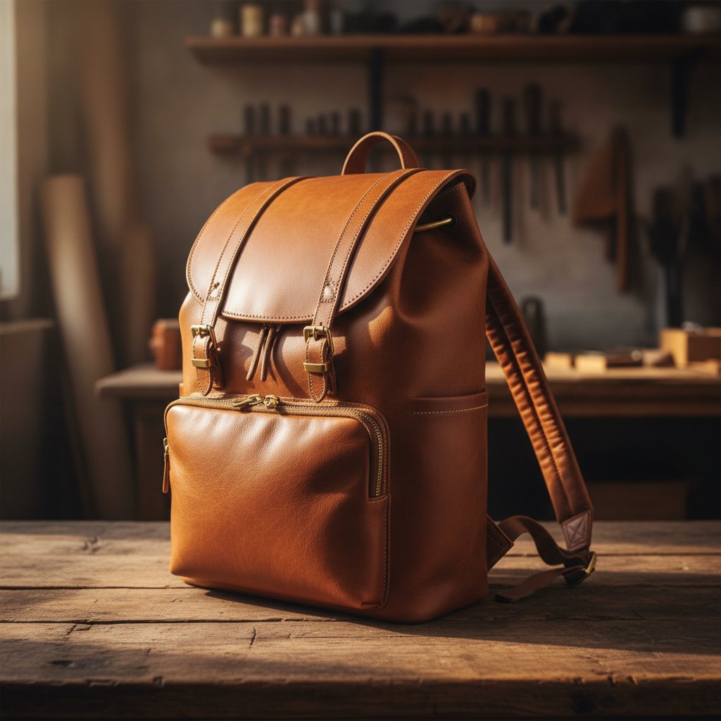 Premium full-grain leather backpack handcrafted in Florence with brass hardware and YKK zippers